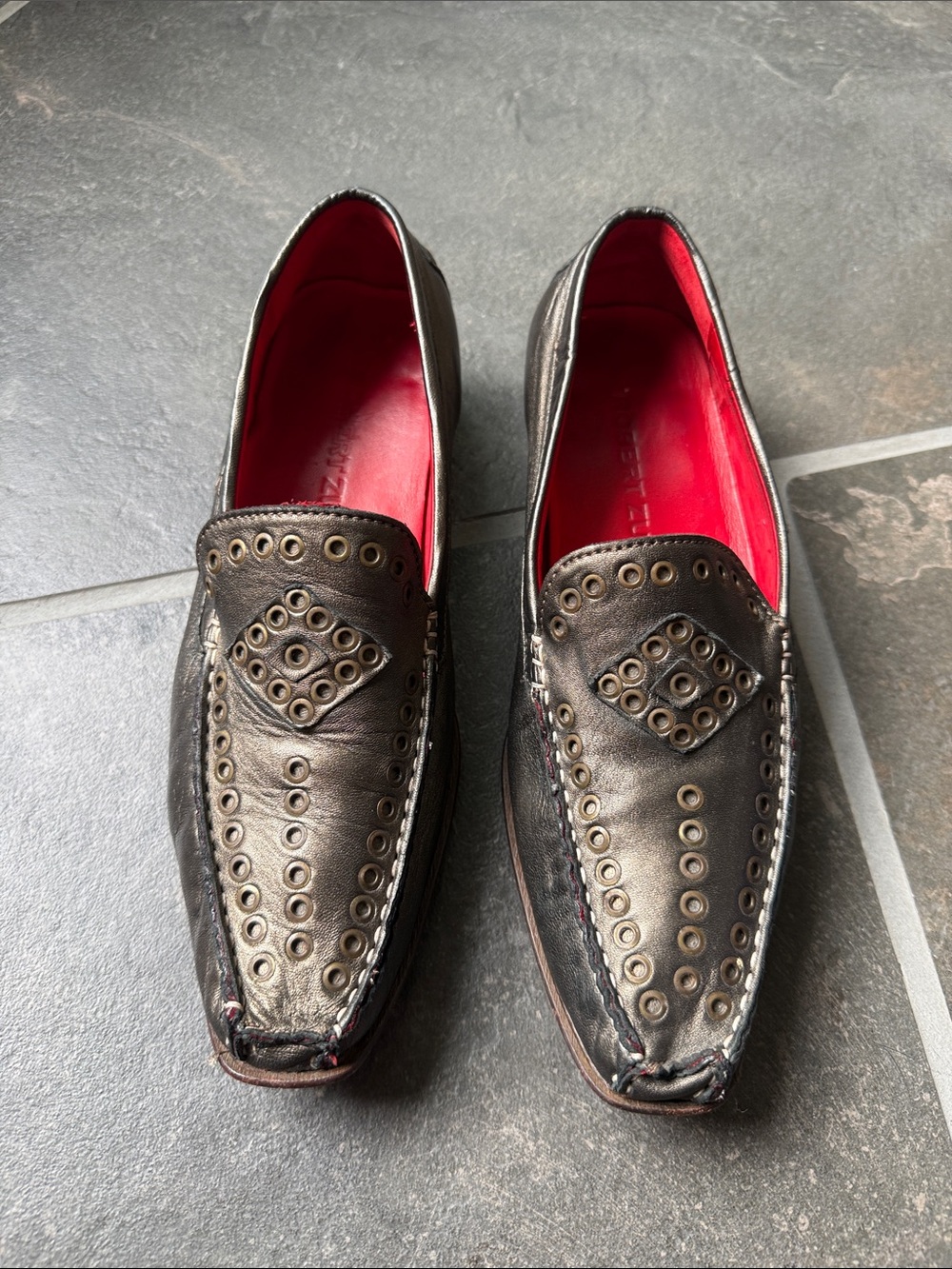 Robert Zur, bronze, metallic Leather Loafers with with brass rivets.